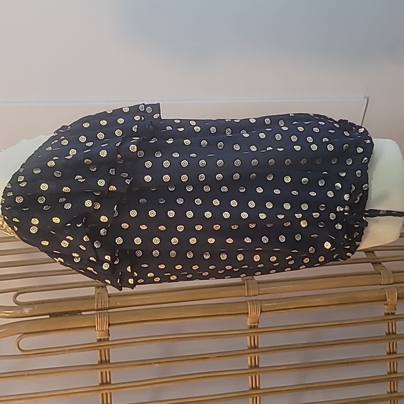 Michael Kors navy blue gold medallion print blouse ruffles bows sz XL sheer - Picture 8 of 10